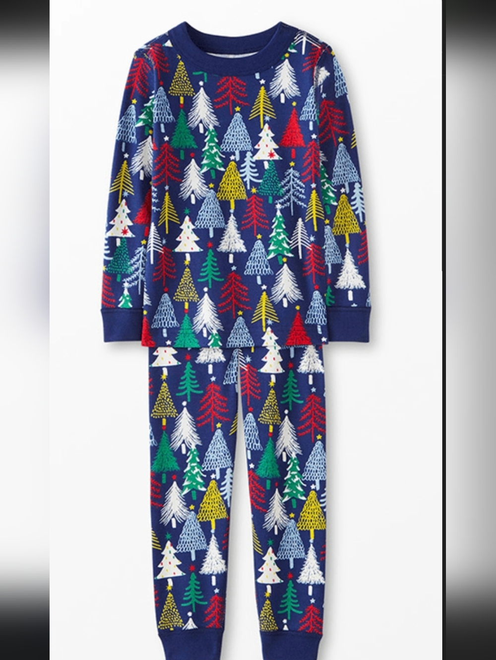 *PLAY* Hanna Andersson Navy Pajama Set with Red, Green, White, Yellow Trees